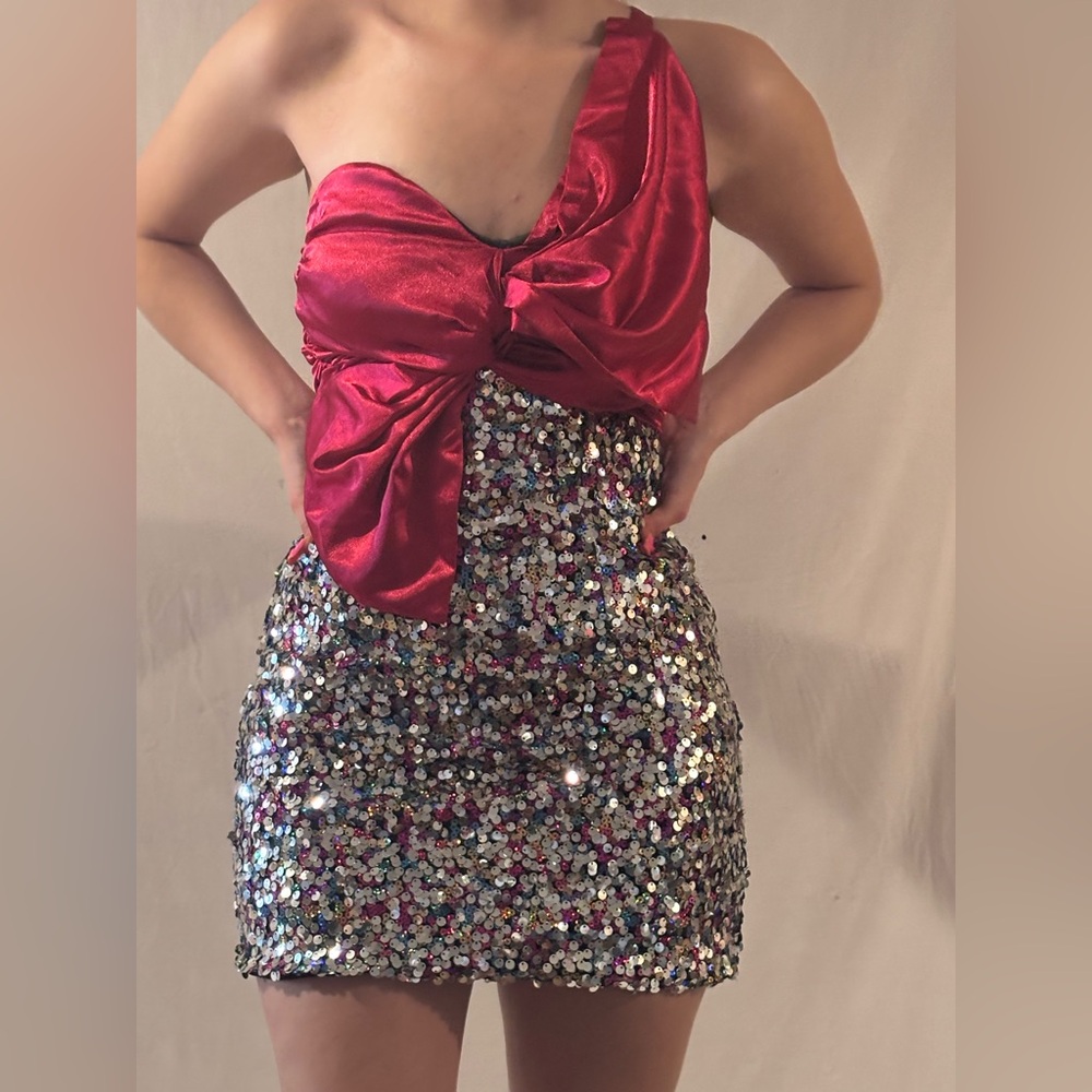 Fashion Nova Pink Ruched Sequin One Shoulder Dress